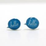 Blue Hello Speech Bubble Earrings - Sterling Silver Posts Studs Kawaii Cute